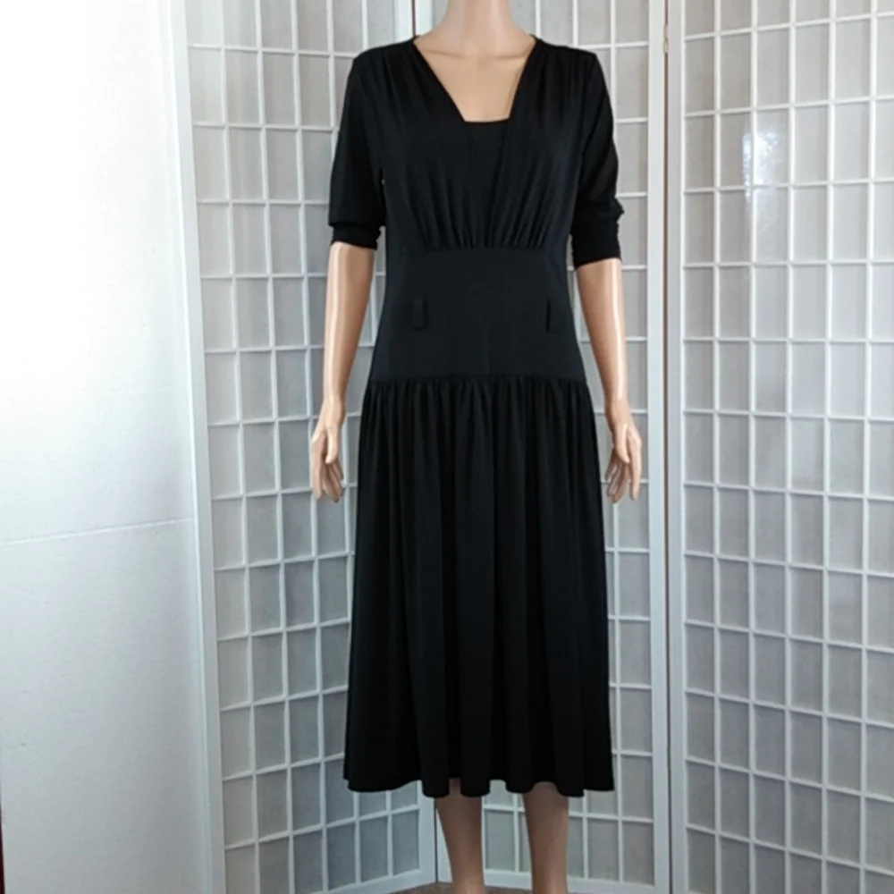Marc Bouwer Black Pleated Midi Dress Women's‎ Size Small Long Sleeves Knit
